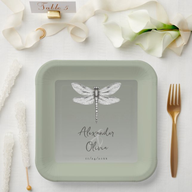 Sage Green Dragonfly Wedding Paper Plate (Wedding)