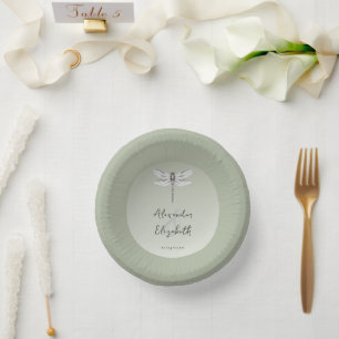 Sage Green Dragonfly Wedding Paper Plate