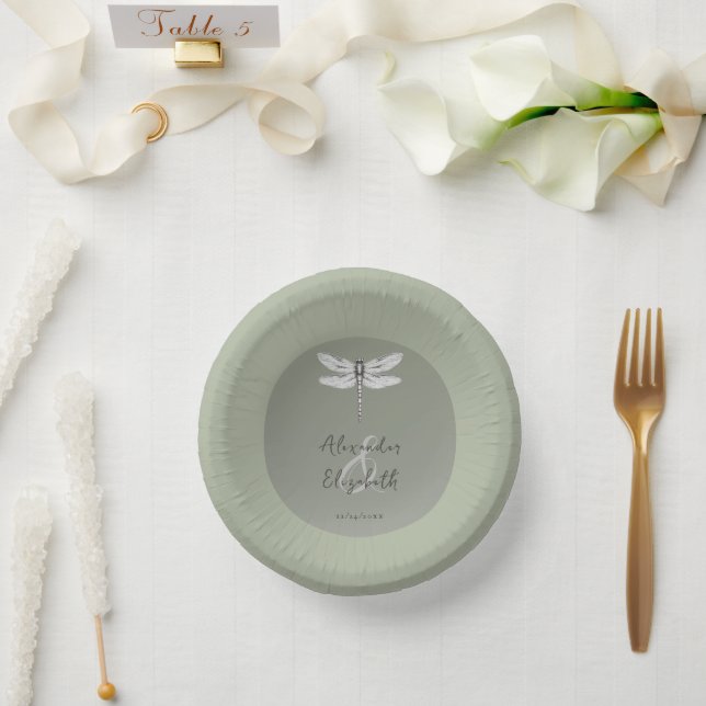 Sage Green Dragonfly Wedding Paper Plate (Wedding)