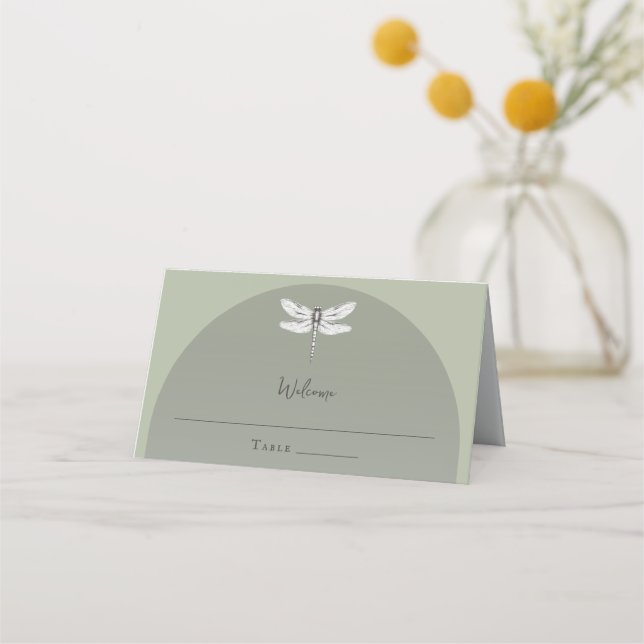 Sage Green Dragonfly Wedding Place Card (Front)