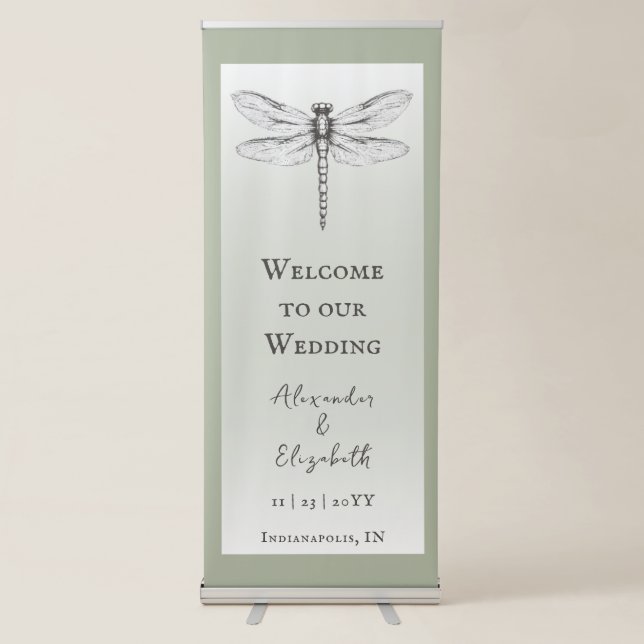 Sage Green Dragonfly Wedding Retractable Banner (Front)