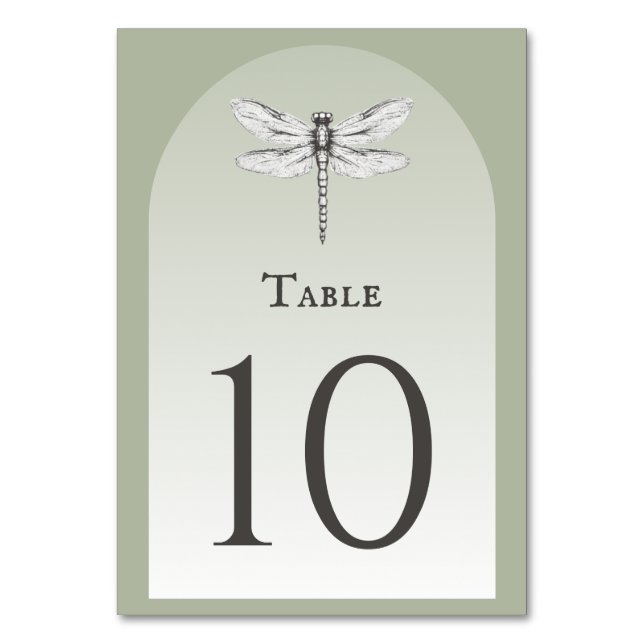 Sage Green Dragonfly Wedding Table Number (Front)
