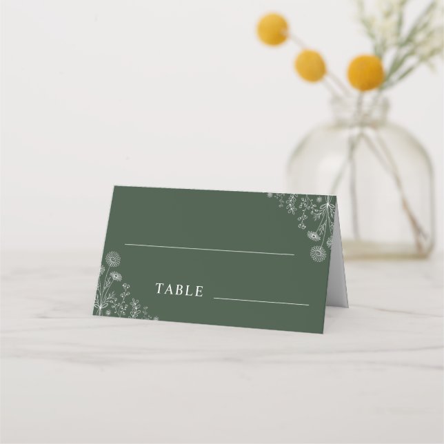 Sage Green | Drawn Wildflowers Botanical Wedding Place Card (Front)