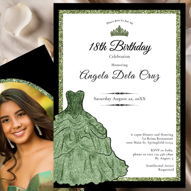 Sage Green Dress and Tiara 18th Birthday Debut  Invitation (Creator Uploaded)