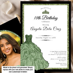 Sage Green Dress and Tiara 18th Birthday Debut Invitation
