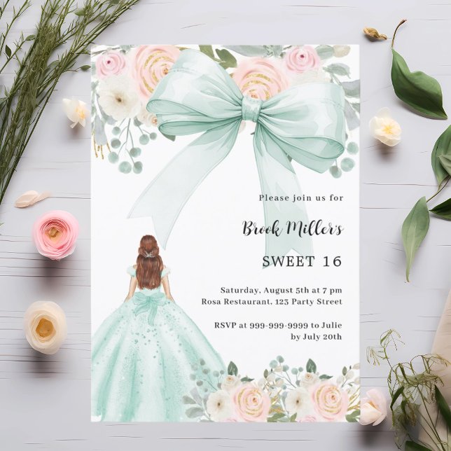 Sage green dress bow pink Sweet 16 invitation (Creator Uploaded)