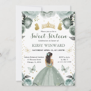 Sage Green Dress Brunette Princess Sweet 16 Invitation