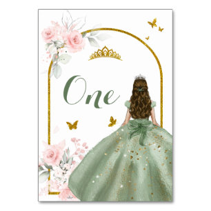Sage Green Dress Gold Royale Princess XV Años Table Number