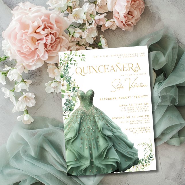 Sage Green Dress Gown Floral Princess Quinceañera  Invitation (Sage Green Dress Gown Floral Princess Quinceañera Invitation)
