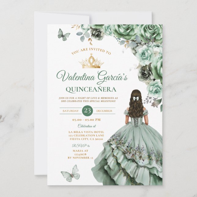 Sage Green Dress Quinceañera 15 Anos Flowers Gold Invitation (Front)