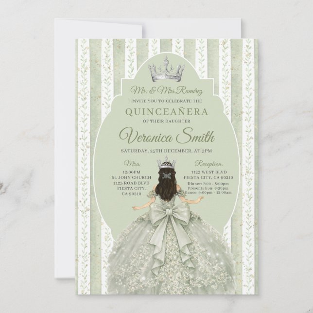 Sage Green Dress with Bow Quinceañera Birthday Invitation (Front)