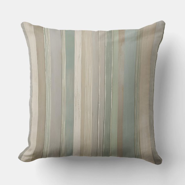 Sage Green Dusty Blue Taupe Grey Farmhouse Stripe Cushion (Front)