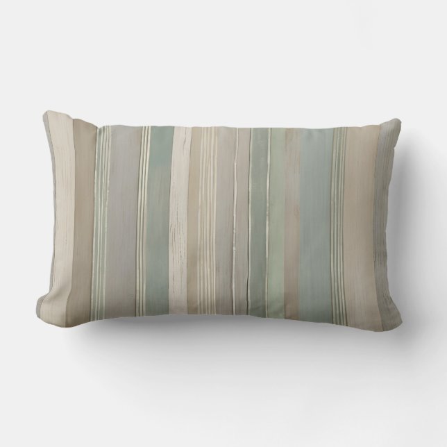 Sage Green Dusty Blue Taupe Grey Farmhouse Stripe Lumbar Cushion (Front)