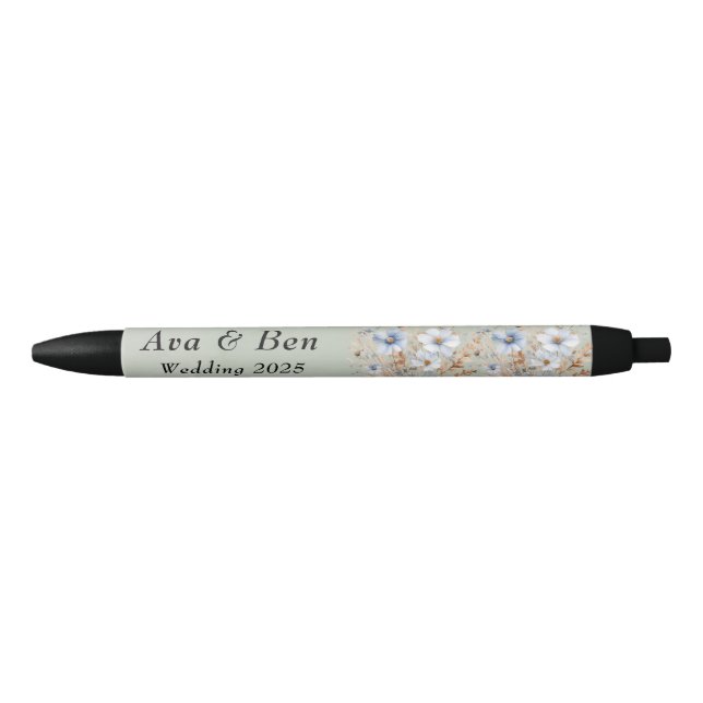 Sage Green Dusty Blue Wildflower Wedding Black Ink Pen (Front)