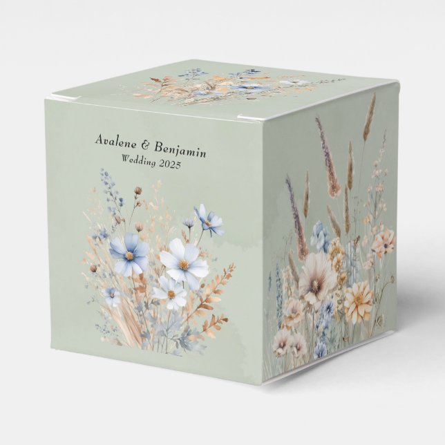Sage Green Dusty Blue Wildflower Wedding Favour Box (Front Side)