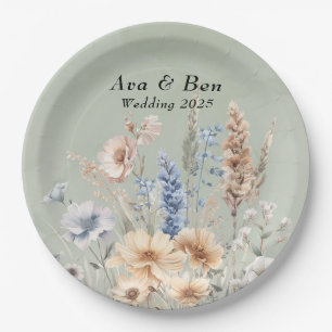 Sage Green Dusty Blue Wildflowers Wedding Paper Plate