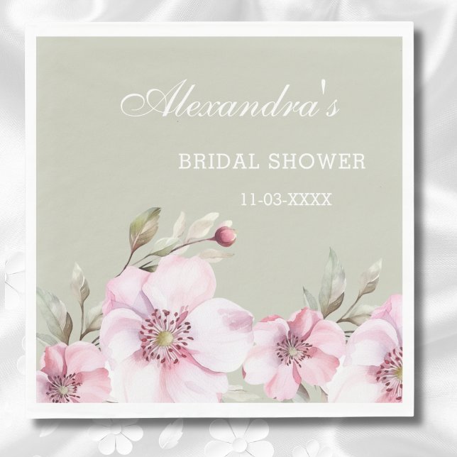 Sage Green Dusty Pink Floral Roses Bridal Shower Napkin (Creator Uploaded)