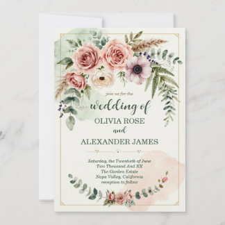 Sage Green Dusty Rose Botanical Elegant Boho Invitation