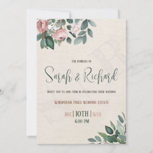 Sage Green Dusty Rose Botanical Floral Wedding Inv Invitation