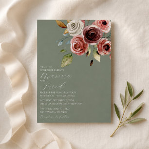 Sage Green Dusty Rose Floral Wedding Invitation