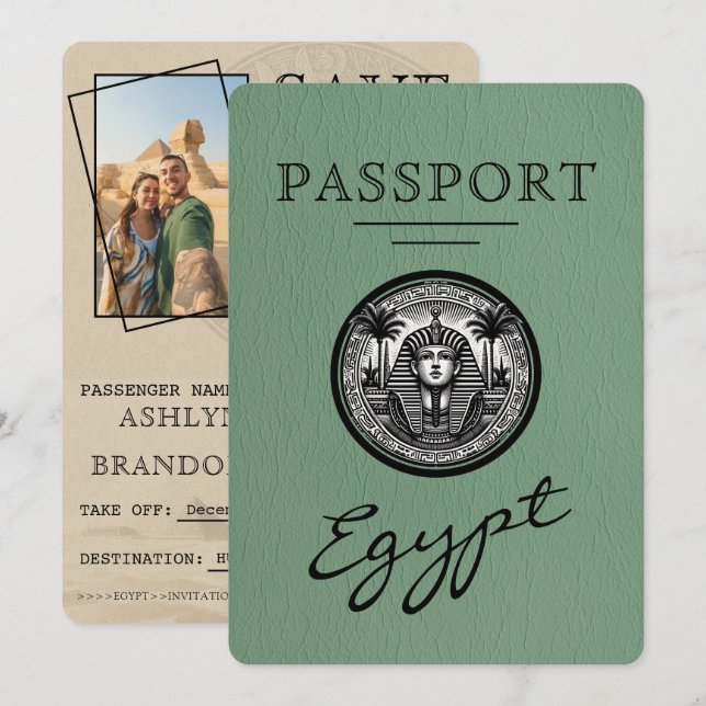 Sage Green Egypt Passport Wedding Save the Date (Front/Back)