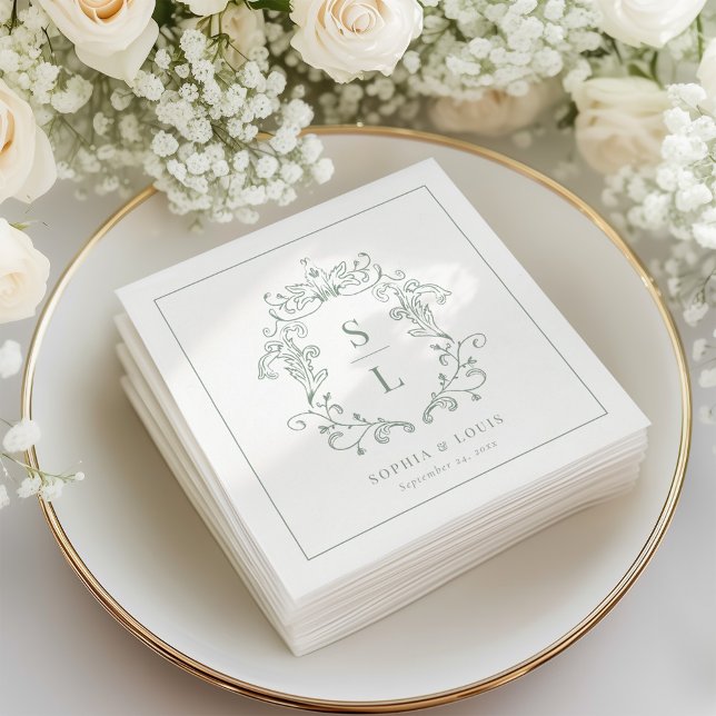 Sage Green Elegant Baroque Crest Monogram Wedding Napkin (Creator Uploaded)