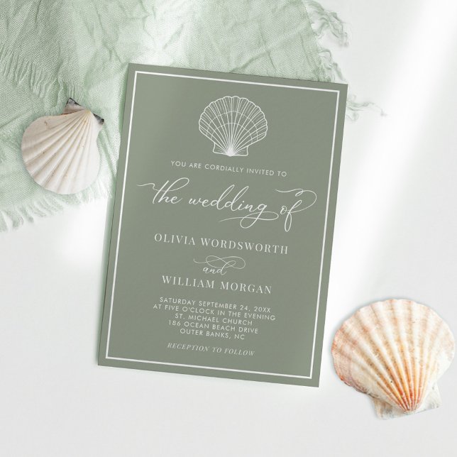Sage Green Elegant Beach Seashell Wedding Invitation (Creator Uploaded)