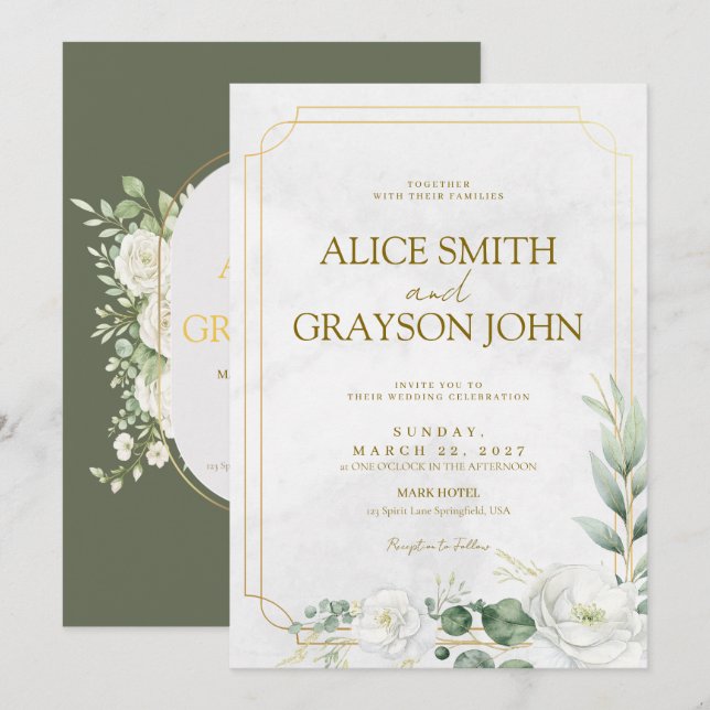 Sage Green Elegant Boho Floral Modern Wedding  Invitation (Front/Back)