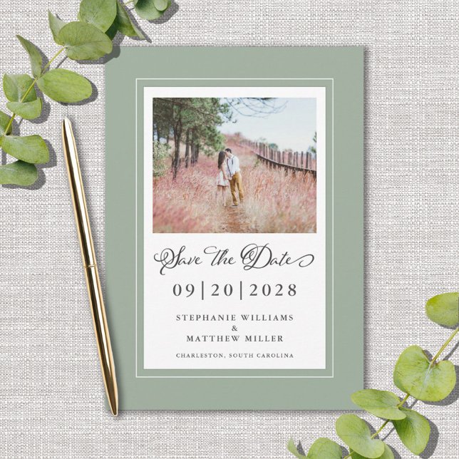 Sage Green Elegant Borders Photo Chic Engagement  Save The Date (Creator Uploaded)