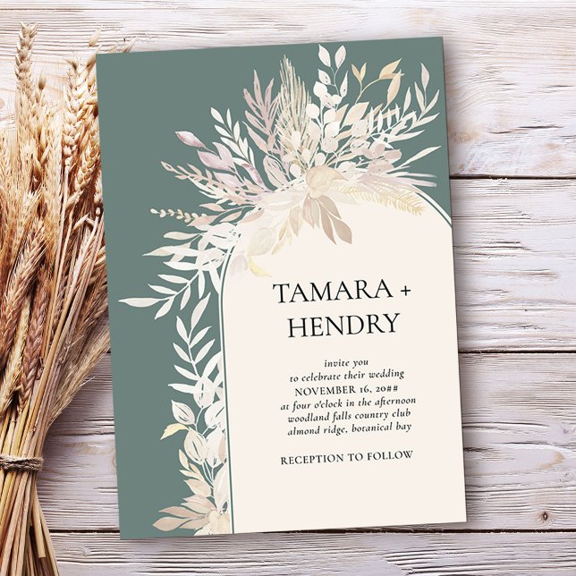 Sage Green Elegant Botanical Arch Wedding Invitation (Framed arch wedding invitation in Sage Green, from my Foliage Duet collection)