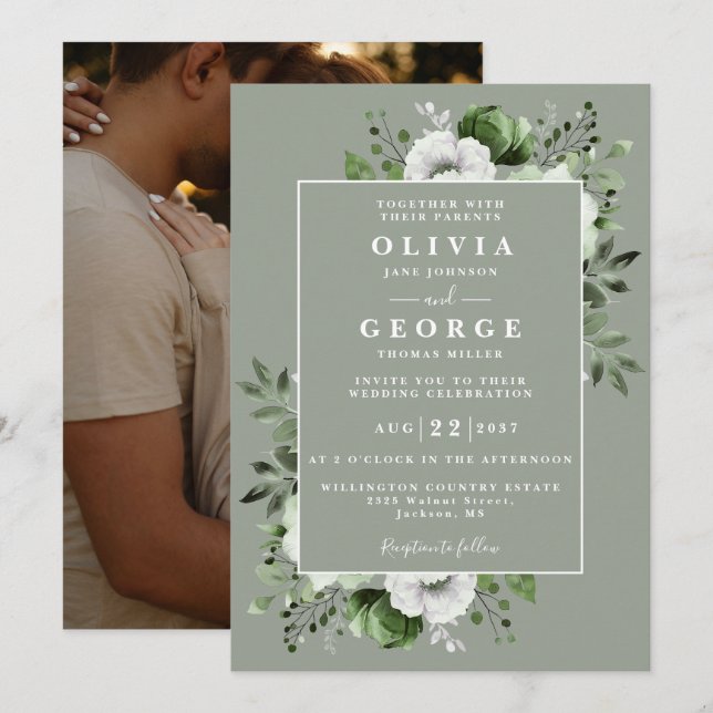 Sage Green Elegant Botanical Floral Photo Wedding Invitation (Front/Back)