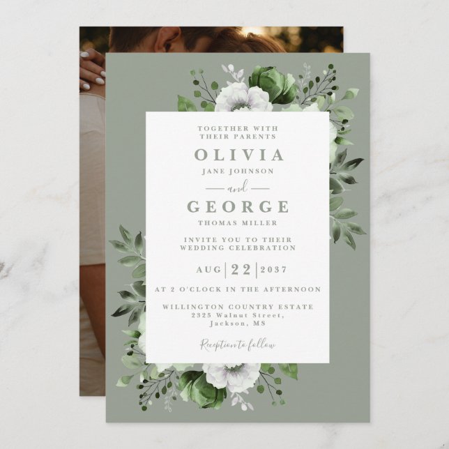 Sage Green Elegant Botanical Floral Photo Wedding Invitation (Front/Back)