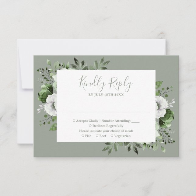 Sage Green Elegant Botanical Floral Wedding RSVP Card (Front)