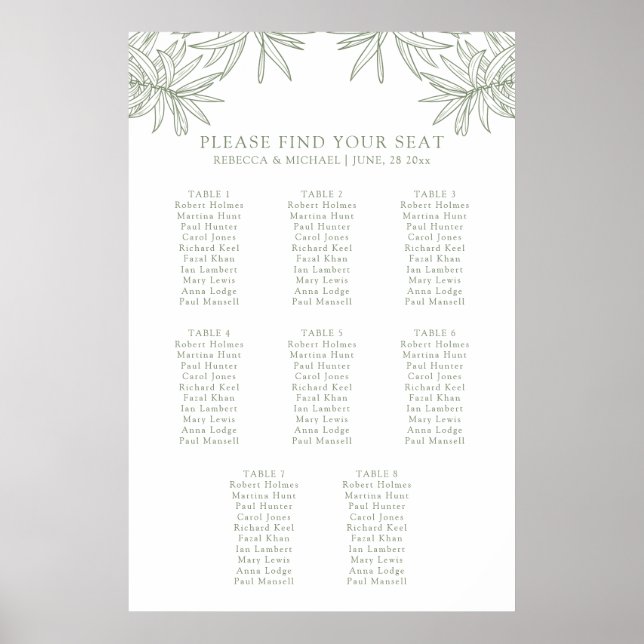 Sage Green Elegant Botanical Seating Chart Poster (Front)