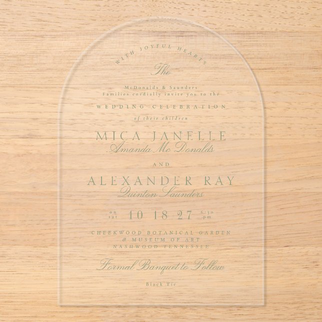 Sage Green Elegant Calligraphy Formal Wedding Acrylic Invitations (Front)