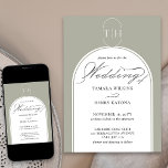 Sage Green Elegant Calligraphy Monogrammed Wedding Invitation<br><div class="desc">Sage green wedding invitation with elegant script calligraphy, logo style monogram and modern arched frame. Simple elegance, in sage green and white. Coordinating invitations, stationery and day of event decor can be found in my Wedding Colours collection. If you would like different colours or additional templates for matching products, please...</div>