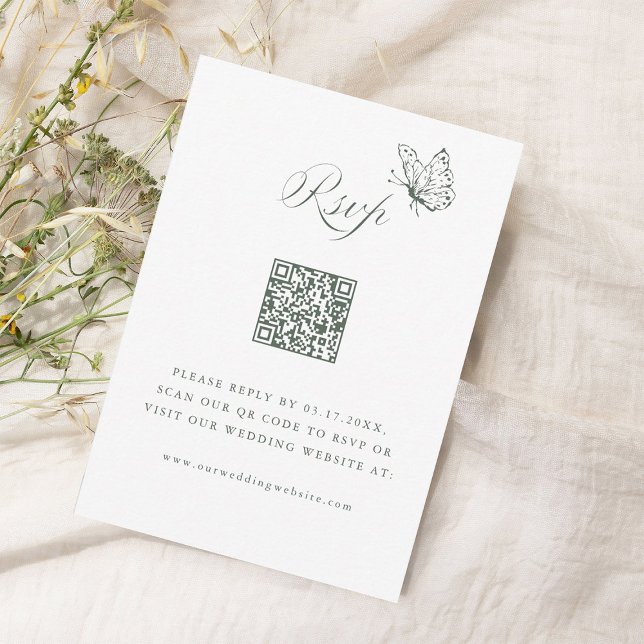 Sage Green Elegant Calligraphy Wedding QR Code RSVP Card (Creator Uploaded)
