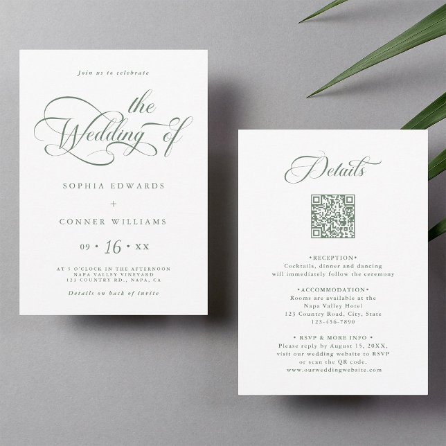 Sage Green Elegant Charm Wedding All in One  Invitation (Front & Back)