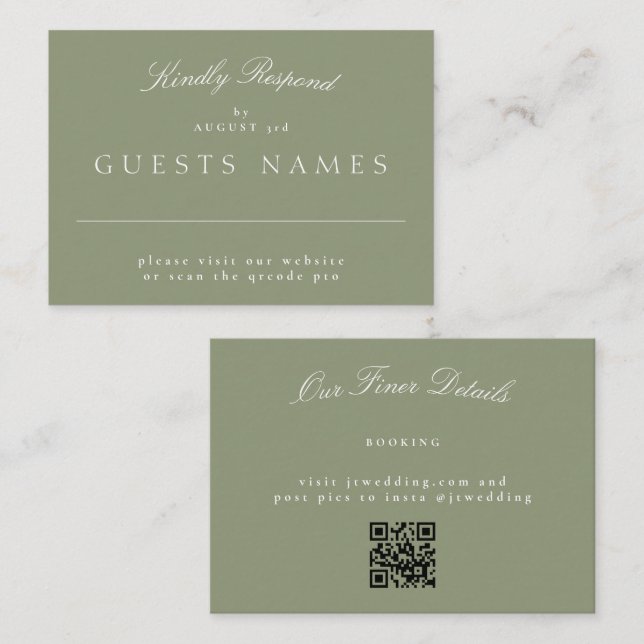 Sage Green Elegant Classic Wedding QR CODE RSVP Card (Front/Back)