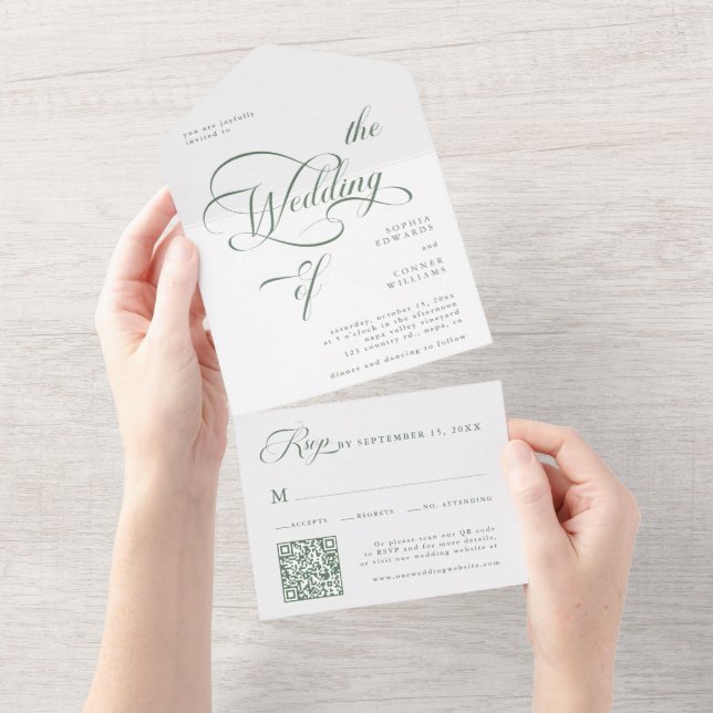 Sage Green Elegant Classy Calligraphy Wedding  All In One Invitation (Tearaway)