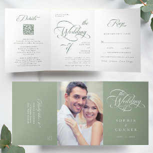 Sage Green Elegant Classy Calligraphy Wedding Tri-Fold Invitation