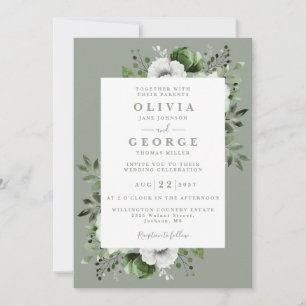Sage Green Elegant Country Floral QR Code Wedding Invitation