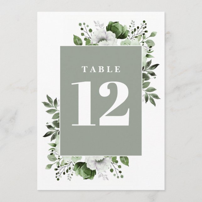 Sage Green Elegant Country Floral Table Number (Front)