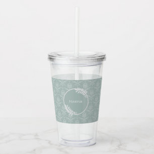 Sage Green Elegant Damask Personalised Acrylic Tumbler