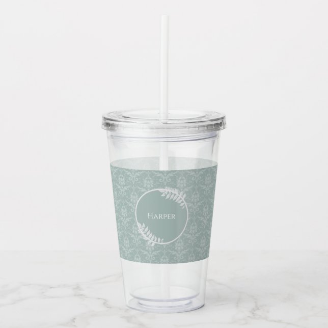 Sage Green Elegant Damask Personalised Acrylic Tumbler (Front)