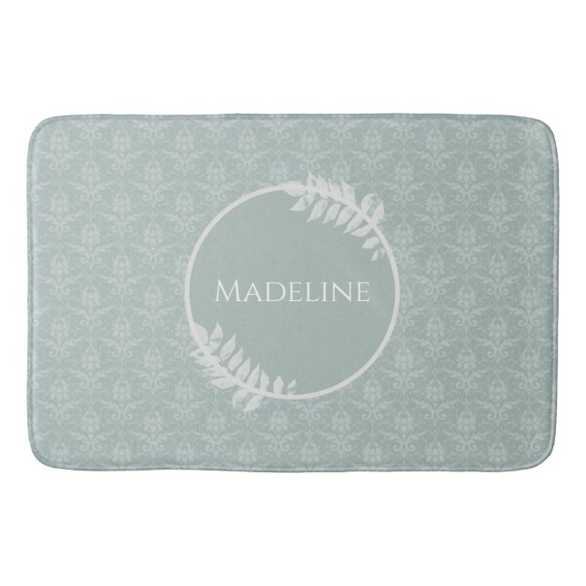 Sage Green Elegant Damask Personalised Bath Mat (Front)