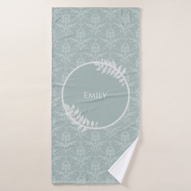 Sage Green Elegant Damask Personalised Bath Towel Set (Bath Towel)