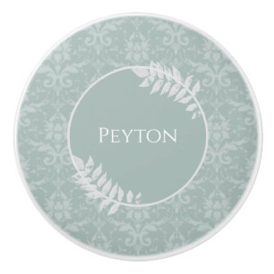 Sage Green Elegant Damask Personalised Ceramic Knob