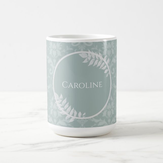 Sage Green Elegant Damask Personalised Coffee Mug (Center)