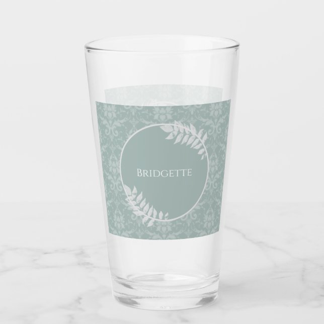 Sage Green Elegant Damask Personalised Glass (Front)